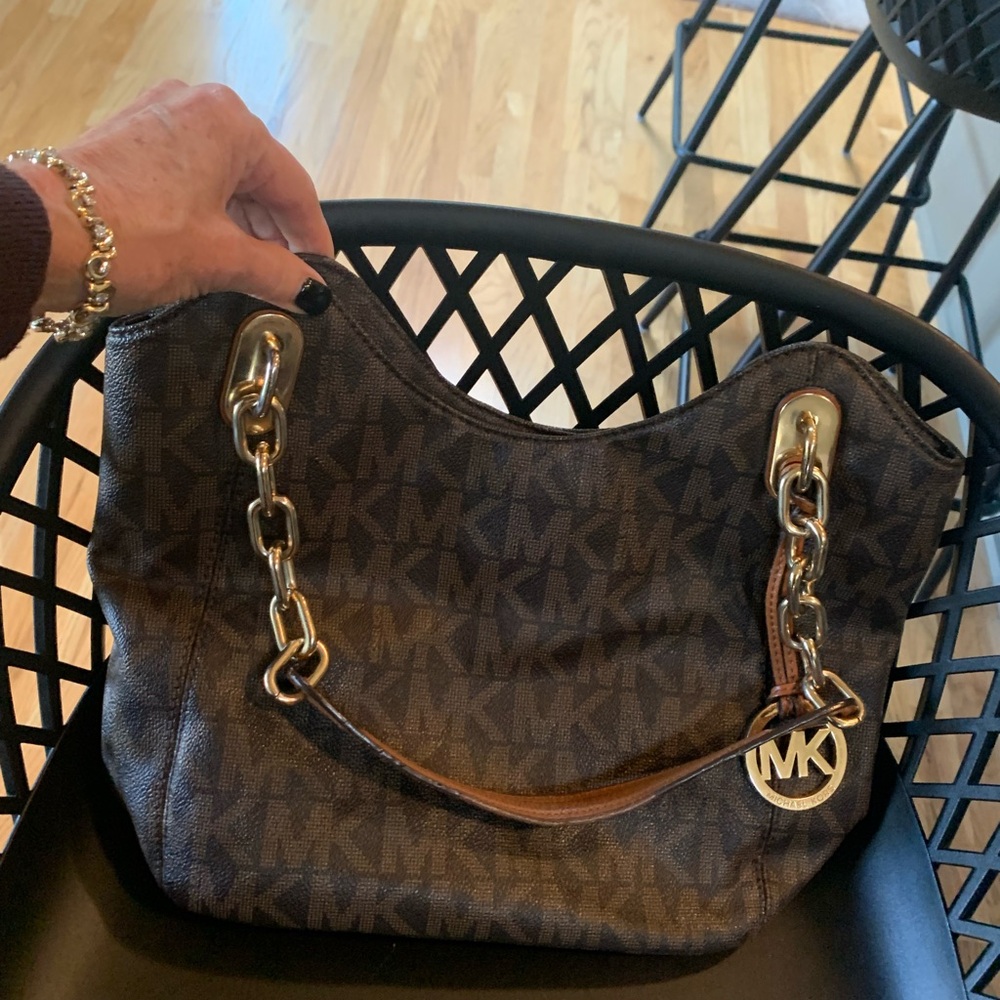 Michael Kors Black and Brown Shoulder Bag with Gold Accents